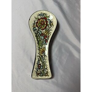 Nakkas Turkish Hand-Painted Ceramic Spoon Rest W/Orange Red & Blue Floral Design